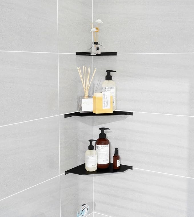 Corner Shelf Wall Mounted, Black Corner Shelf, Shower Shelf, Floating Corner Shelf – 3mm Aluminum Matte, for Bathroom Kitchen Living Room, 6 Inch Holds Phone, Plants, Speaker
