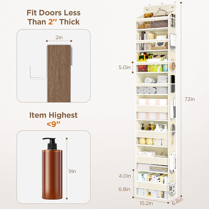 Mefirt Over The Door Organizer, 8 Shelf Door Hanging Organizers with 8 Large Capacity Pockets, Back of Door Organizer Storage Hanging Shelves for Closet Bathroom Bedroom Nursery