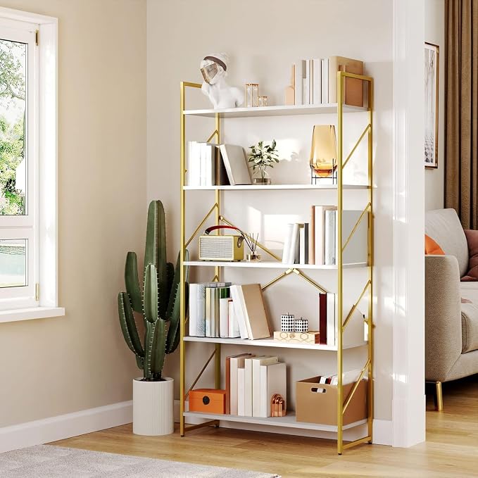 YITAHOME 5 Tiers Gold Bookshelf, Modern Wide Bookcase, Large Book Rack, Storage Rack Shelves in Bedroom/Living Room/Home/Office, Books Holder Organizer for Books, Gold