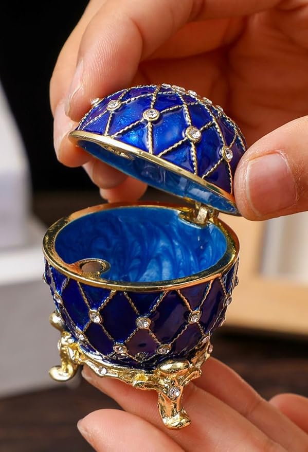 Hand Painted Trinket Box Enamel Faberge Egg Vintage Jewelry Box Easter Egg Hinged Metal Jewelry Organizer Decorative Treasure Box Unique Gifts
