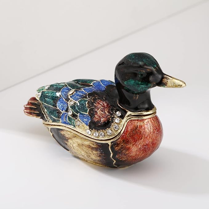 Hand Painted Enamel Duck Trinket Box for Home Decor, Hinged Jewelry Organizer for Ring Earrings, Unique Figurine Keepsake Collectible Personalized Elegant Handmade Ornament Gifts (Green Duck)