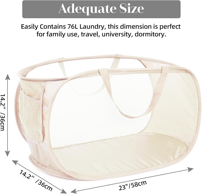 Durable Collapsible Laundry Baskets, Mesh Pop Up Laundry Hamper with Side Pocket, Foldable Clothes Hamper with Reinforced Carry Handles for Laundry, Bathroom, Kids Room, Dorm or Travel 2 Pack Beige