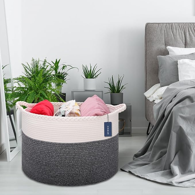 COMSE Extra Large Blanket Basket, Woven Laundry Basket, 21.7”x 13.8”, Nursery Hamper, Cotton Rope Laundry Hamper Living Room for Storage Toys Clothes Towels (White & Black)