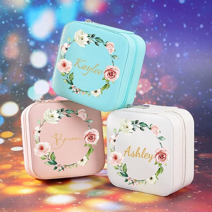 Bridesmaid Gifts Jewelry Box Personalized Small Jewelry Travel Case Custom PU Leather Portable Bridesmaid Proposal Boxes Mini Jewellery Organizer Storage Earrings Rings Necklaces for Women Girls-Pink