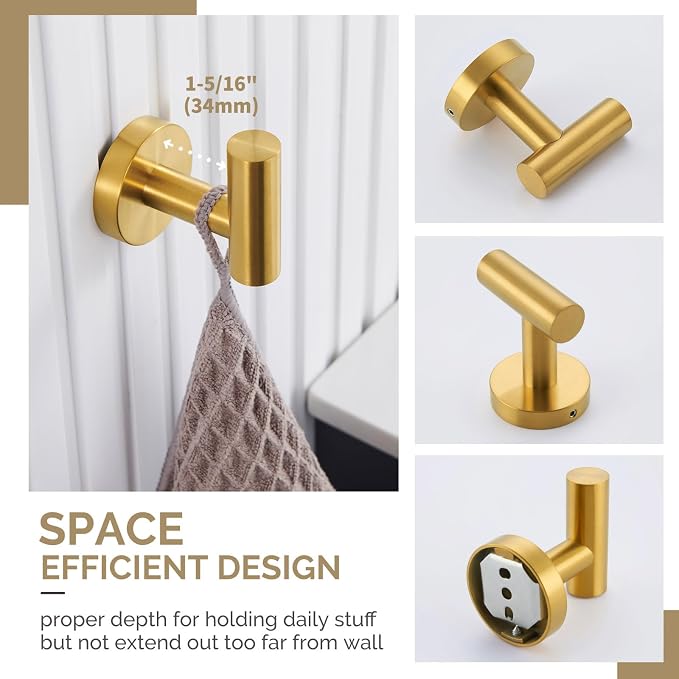 Bathroom Hardware Set 4-Piece Brushed Dark Gold, Angle Simple SUS304 Stainless Steel Bathroom Fixtures Accessory Kit with Towel Hook x 2, Toilet Paper Holder and Rotary Towel Ring, Wall Mount