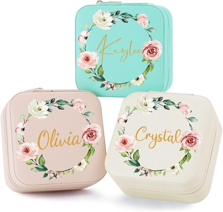 Bridesmaid Gifts Jewelry Box Personalized Small Jewelry Travel Case Custom PU Leather Portable Bridesmaid Proposal Boxes Mini Jewellery Organizer Storage Earrings Rings Necklaces for Women Girls-Pink