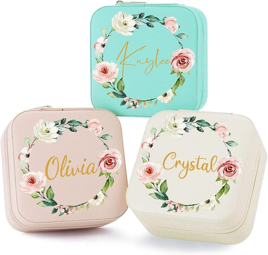 Bridesmaid Gifts Jewelry Box Personalized Small Jewelry Travel Case Custom PU Leather Portable Bridesmaid Proposal Boxes Mini Jewellery Organizer Storage Earrings Rings Necklaces for Women Girls-Pink