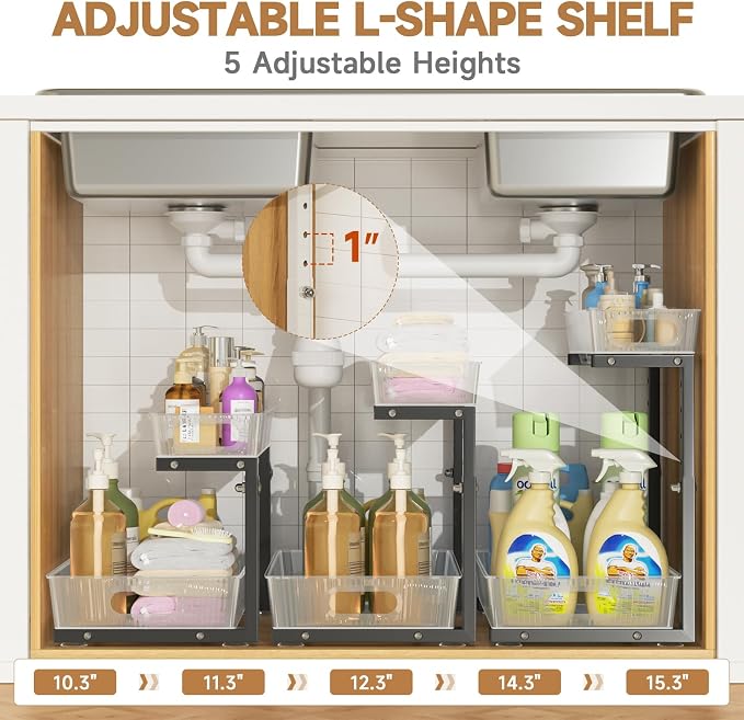 ETOYA 2 Pack Under Sink Organizer Kitchen, 2-Tier Pull Out Cabinet Organizer, L-Shaped Adjustable Height, Acrylic Under Sink Storage Shelf for Kitchen, Bathroom Vanity & Utility Closet