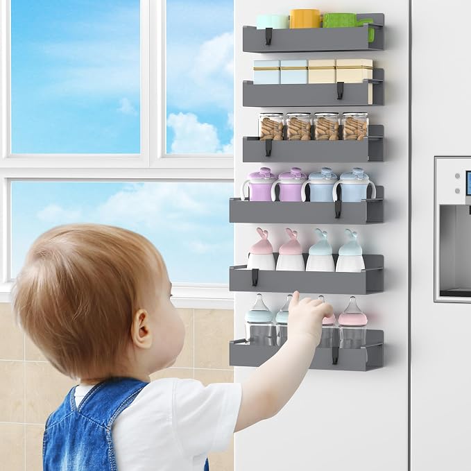 HuggieGems 6 Pack Magnetic Spice Rack Organizer for Refrigerator and Oven, Dark Grey Fridge Organizers and Storage for Kitchen