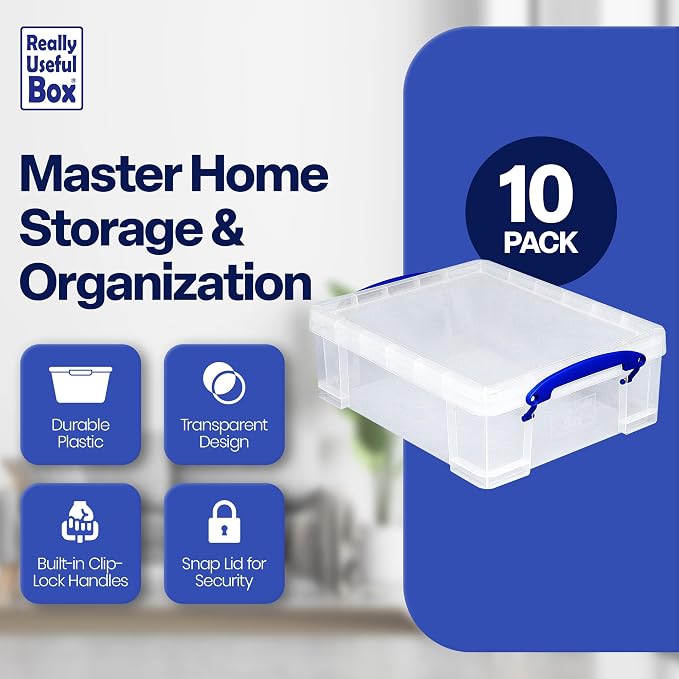 Really Useful Box Stackable 8.1L Plastic Storage Container Bin with Snap Lid & Built-in Clip Lock Handles for Home & Office Organization (10 Pack)