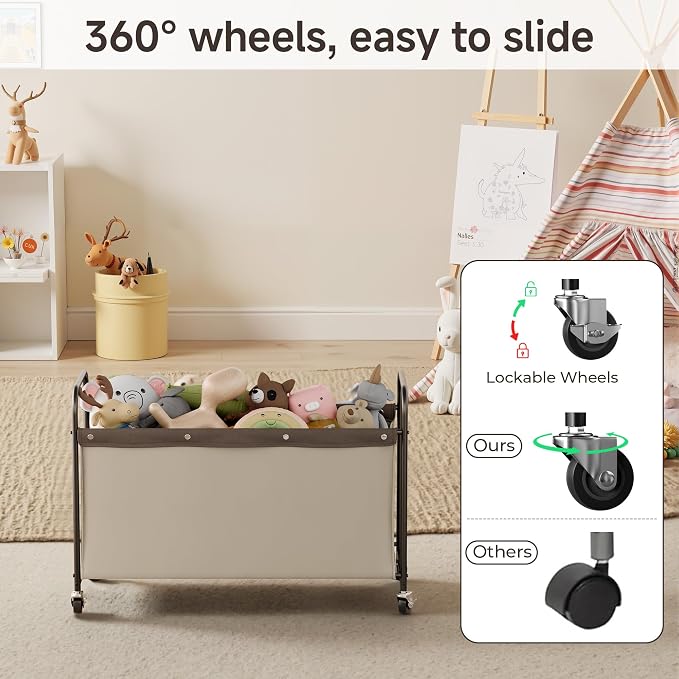 StorageWorks Toy Box with Wheels for Kids, 135L Large Toy Storage Chest and Organizer, 23" Metal Toybox with 360° Swivel Wheels for Bedroom, Kids Room, Stuffed Animal Storage, Light Khaki