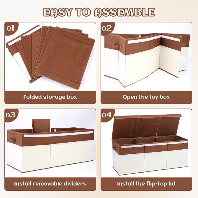 FIIOEOY Extra Large Toy Box with Lids, Collapsible Toy Storage Organizer with Divider for Kids, Sturdy Toy Chest for Bedroom, Nursery, Living Room, Playroom, 40"x14"x16", White & Brown