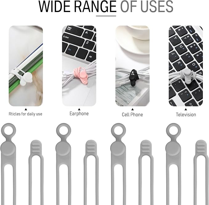 Nuanchu 40 Pcs Silicone Cable Ties Reusable Holder Adjustable Straps Multipurpose Charging Cable Organizer for Fastening Charging Cords Wires(4.17 Inch,Gray)