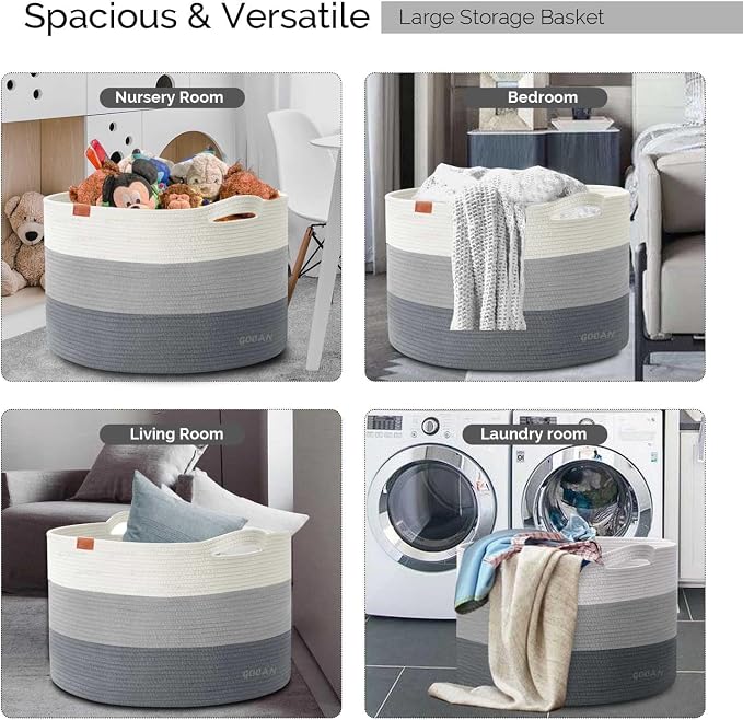 GOCAN Laundry Basket Cotton Rope Woven for Blankets Storage Basket with Handles for Living Room (Mixed Grey)