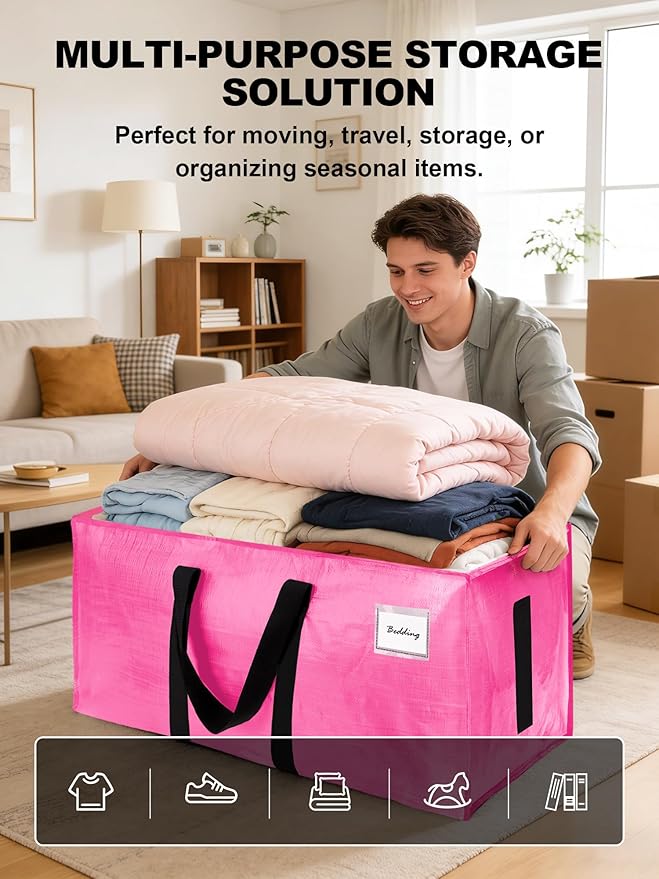 HOMESURE Supports 200lbs Heavy Duty Moving Bags - Strong Zipper & Wrap-Around Handles - Water-Resistant Storage Totes, Durable Alternative to Moving Boxes - 40 Pack - Pink