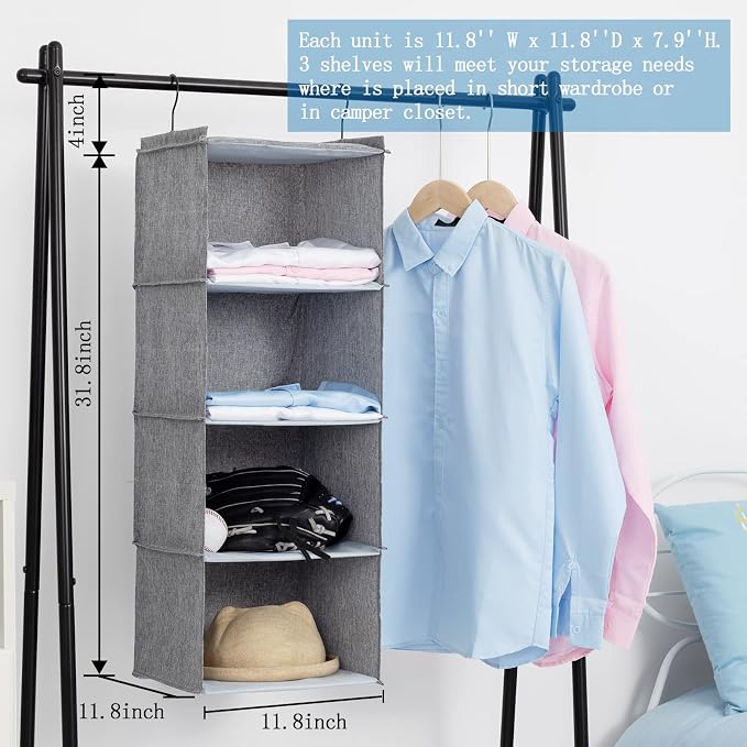 Hanging Closet Organizer 4-Shelf, Oxford Linen Wardrobe Storage, Gray | Easy-mount foldable design holds clothes, handbags, shoes & accessories; washable Oxford fabric, sturdy and space-saving.