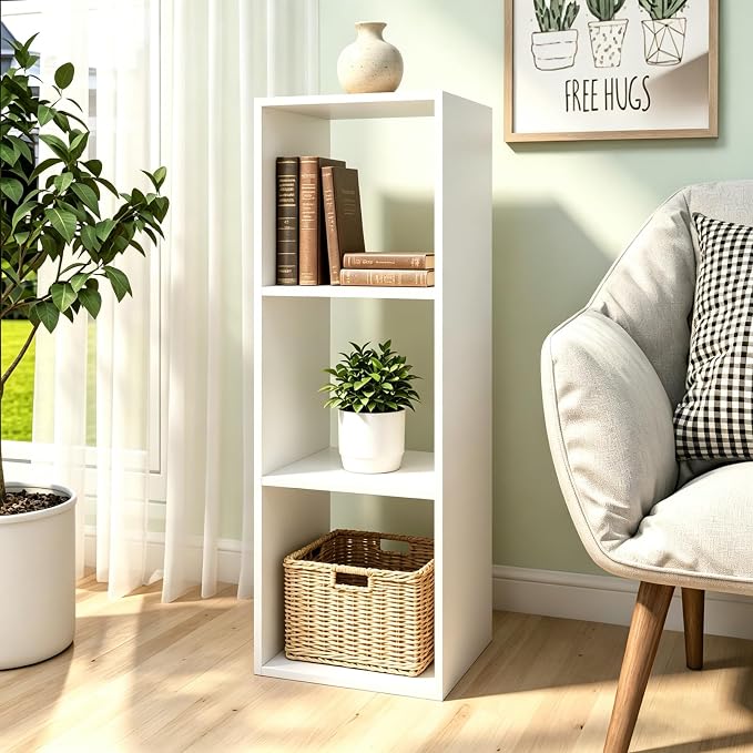 3 Cube Shelf with Anti-Tipping Kits + Reversible Open Back Bookcase, Multi Layer and Multi Grid Partition Layout (White 11in)