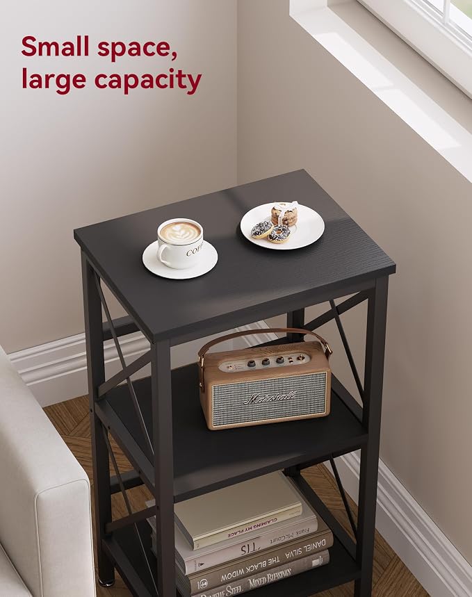 YMYNY 3 Tiers Bookcase, Industrial Metal Bookshelf with Side Fence, Storage Organizer for Living Room, Home Office, Bedroom, Display Racks, Sofa Side Table, 29.5 * 15.75 * 11.4", Black UHST008B