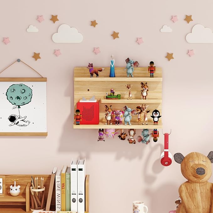 for Tonies Shelf Magnetic - 3 Tier Wooden Tonies Figure Organizer, Natural | Tonies Box Holder, Magnetic Display Shelf for Kids Room, Wall Floating Shelves Toy Storage Compatible Charging Station