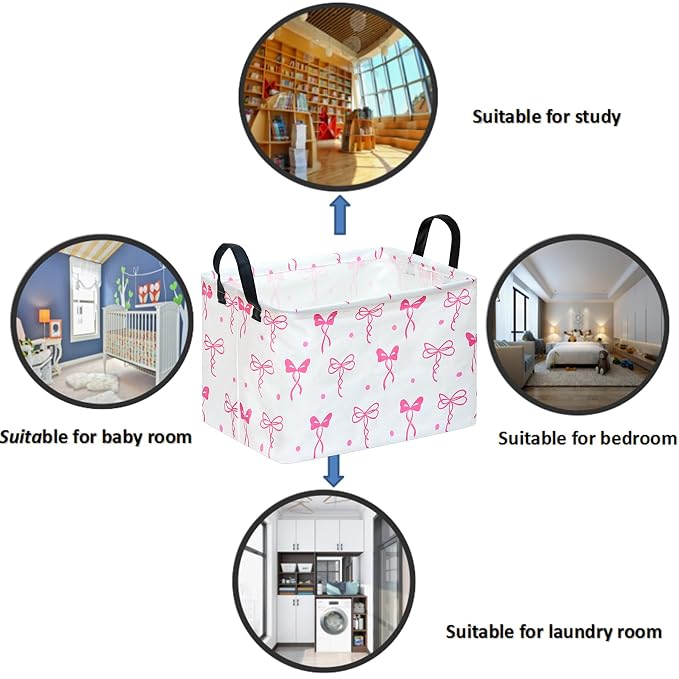 Storage Bin for Shelves Rectangle Closet Baskets Foldable Box with Handles, Pink Bowknot Storage Basket, Storage Boxes for Home Office Car Dormroom