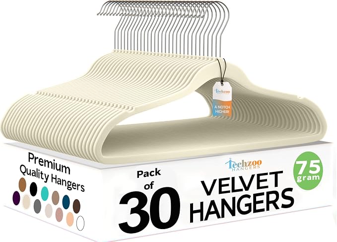 Techzoo Premium Velvet Hangers 30 Pack Ultra Thin Non Slip Adult Felt Space Saving Suit Hanger for Closet Heavy Duty Coat Pants Jackets Dress Hangers 360° Swivel Hook Hold Upto 10 lbs Ivory