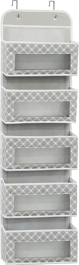 Simple Houseware 5 Clear Window Pocket Over Closet Door Storage Hanging Organizer for Bedroom, Bathroom, Pantry, Geometric Gray