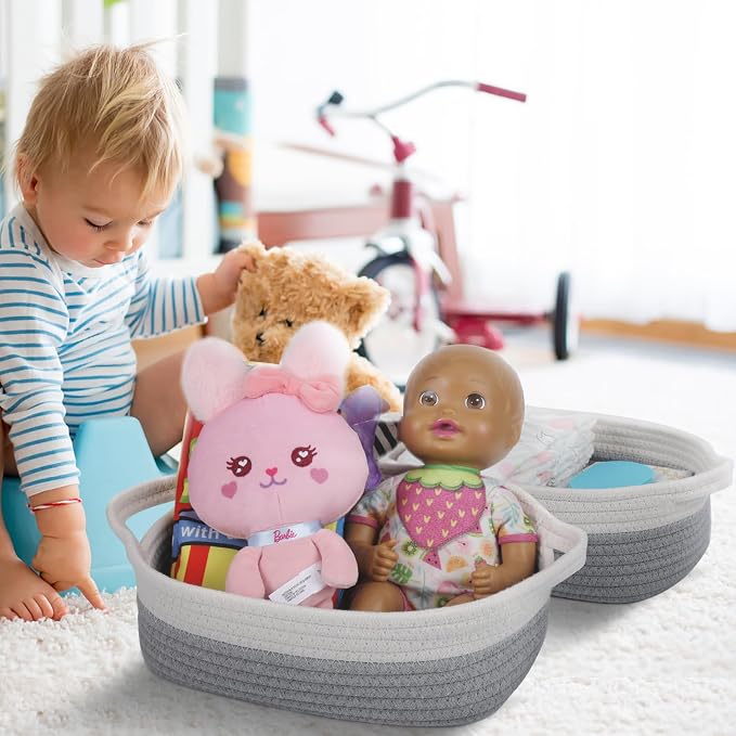VOOWO Set of 5 Woven Baskets - Rope Storage Solutions, Nursery & Organizing, Off White & Gray
