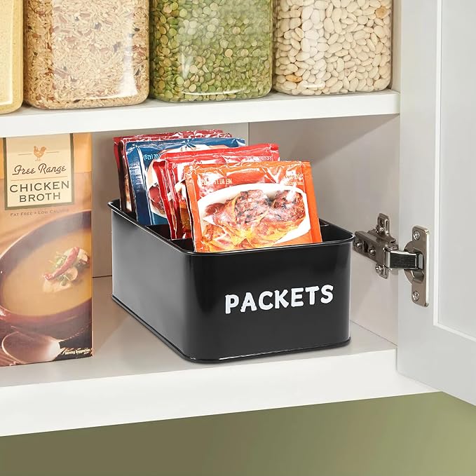 BSTKEY Seasoning Packet Organizer, Food Storage Organizer with Divided 4 Compartments, Metal Storage Caddy for Kitchen Pantry Cabinet, Kitchen Organization Bin for Snacks Spice Packets, Black