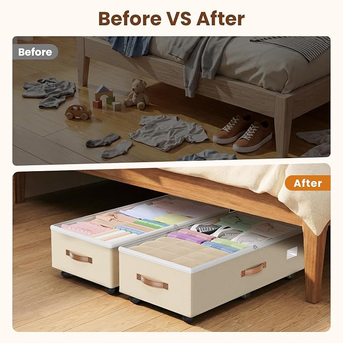 Budding Joy Under Bed Storage with Wheels 2Pack, 80L- Height Adjustable Underbed Containers with Clear Lids, Rolling Under Bed Shoe Storage Organizer for Dorm Home Clothes, Blankets, Toys, Beige