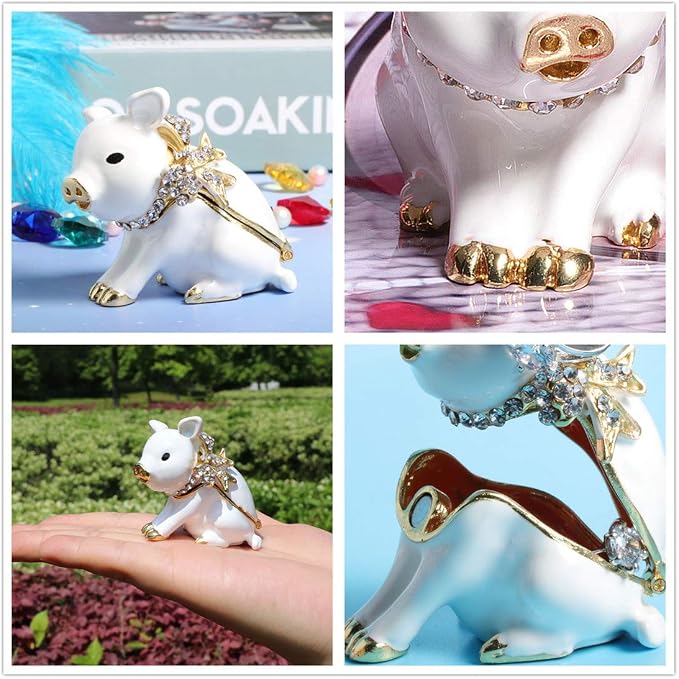 Waltz&F White Pig with Bowknot Handcrafted Pewter Trinket Box Ring Holder Decorative Figurine Collectible