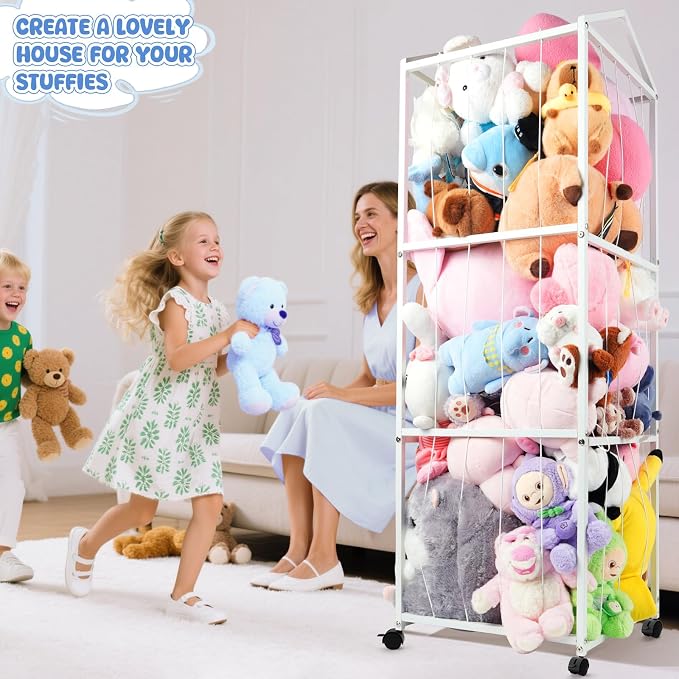 NomNest Stuffed Animal Storage Zoo – Large Metal Plushie Organizer Holds 50+ Toys, Heavy Duty Teddy Bear Toy Holder with Wheels for Bedroom, Playroom, Nursery (White)