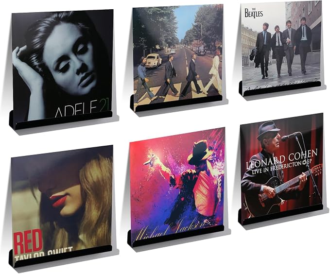 Meaocer Vinyl Record Shelf Wall Mount, 6 Pack 12 inch Black Acrylic Album Record Holder Display, Kids Bookshelf, Floating Wall Shelves for Bathroom, Bedroom, Living Room, Kitchen, Office
