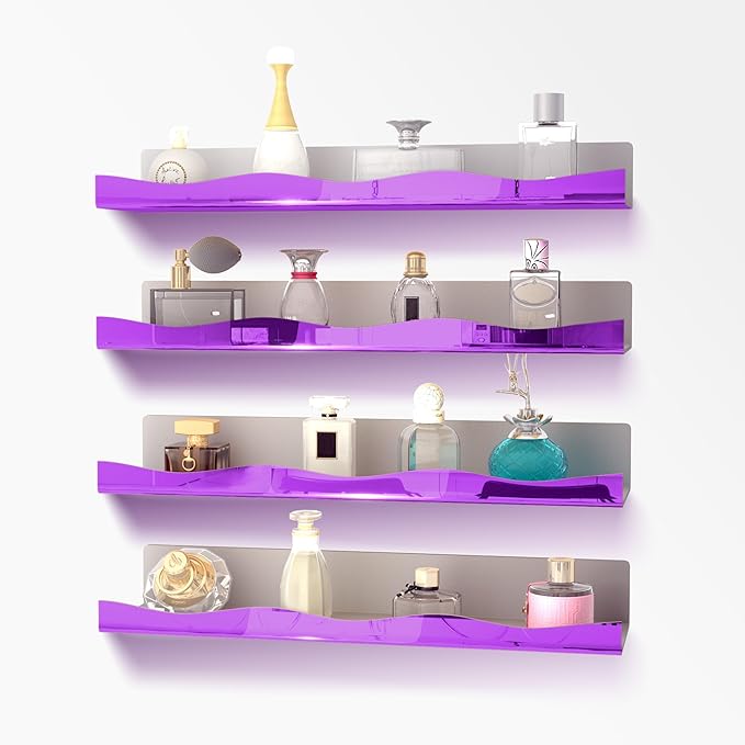 YMVV 15.7 in Large Purple Reflective Acrylic Mounted Floating Shelf, Perfume Organizer Shelf, Modern Bathroom Storage Toy Display Organizer Decor 4 Pack