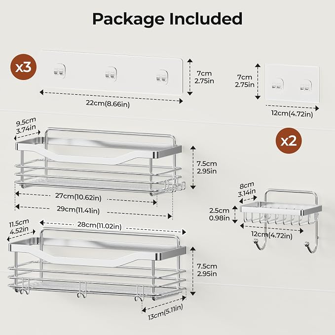 Orimade Shower Caddy Basket Shelf,3-Pack Adhesive Shower Organizer with Soap Dish Holder, No Drilling Wall Mounted Rustproof Stainless Steel Shower Shelves with 7 Hooks,for Bathroom