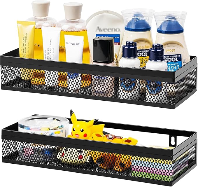 Hanging Wall Mount Storage Baskets with Adhesive Hooks & Screwing, Metal Wire Organizer Baskets for Home Decor, Kitchen, Bathroom, Pantry, Laundry, Closet, Garage, RV Black 2 Packs (Netting)