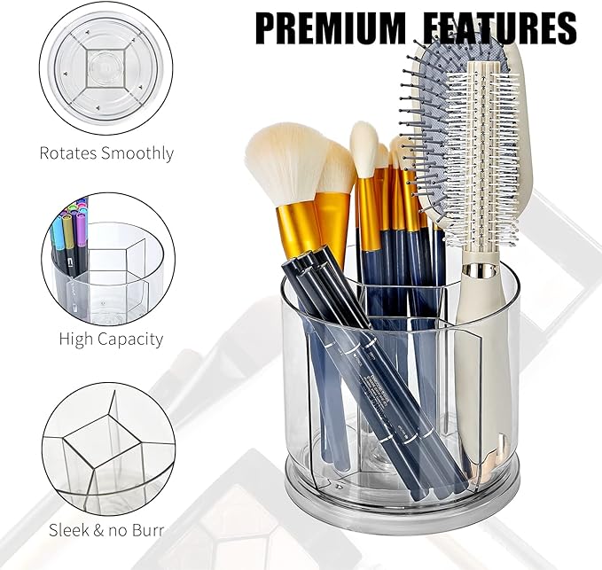 Makeup Brush Holder Organizer, Rotating Makeup Organizer for Vanity | Rotating 360° Clear Storage Cup Containers, Spinning Pen Holder for Desk, Round Make up Brush Stand with 5 Slots (Clear)