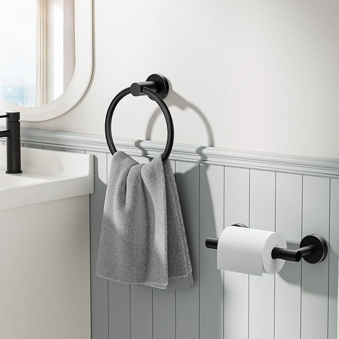 FORIOUS Toilet Paper Holder Wall Mount, SUS304 Stainless Steel Double Post Pivoting Tissue Roll Holder and Hand Towel Ring Set for Bathroom, RV, Bathroom Hardware Accessories Set, Matte Black