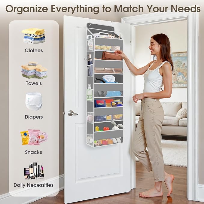 SpaceHacks 1 Pack Over The Door Organizer, Hanging Storage Organizer with Clear Window, 40lb Ultra Sturdy Large Capacity Room Organizer for Pantry Laundry Bathroom Nursery Closet Baby Essential (Grey)