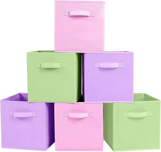 ShellKingdom Foldable Fabric Storage Cubes - Cloth Organizer Drawer for Closet & Toys, 6 Pack (Pink, Green, Lavender)