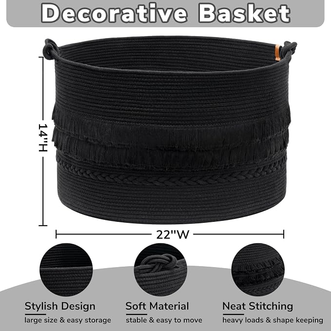 CherryNow 22"x22"x14" Large Blanket Basket, Home Décor for Living Room Bedroom, Boho Decorative Laundry Basket for Clothes, Baby Toy Storage, Black