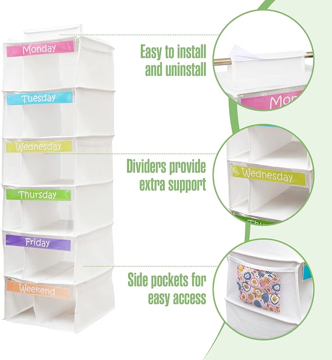 Houseables Kids Clothes Organizer, Weekly Clothes Organizer for Kids, Outfit Organizers, Closet Daily Outfit Storage, Monday through Friday Clothing, Day of the Week, Weekday, School, Hanging, 6 Shelf