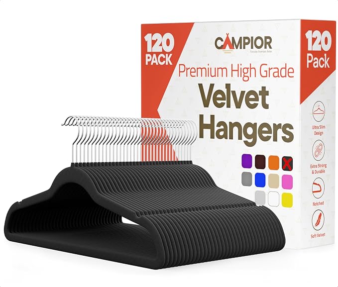 Black Velvet Hangers 120 Pack – 360° Swivel Hook, Non-Slip and Space Saving Hangers, Heavy-Duty 11 lbs Weight Capacity - Smooth Velvet Finish for Crease-Free Clothes and Effortless Closet Organization