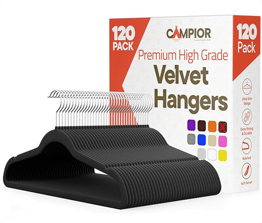 Black Velvet Hangers 120 Pack – 360° Swivel Hook, Non-Slip and Space Saving Hangers, Heavy-Duty 11 lbs Weight Capacity - Smooth Velvet Finish for Crease-Free Clothes and Effortless Closet Organization