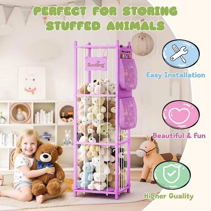 Stuffed Animal Storage & Organizer, 54 inch Tall Wooden Cute Zoo Toy Holder w/Building Block Storage Bag, Premium Wooden Material with Elastic Cord for Toddler Rooms, Playrooms (Pink, Large)
