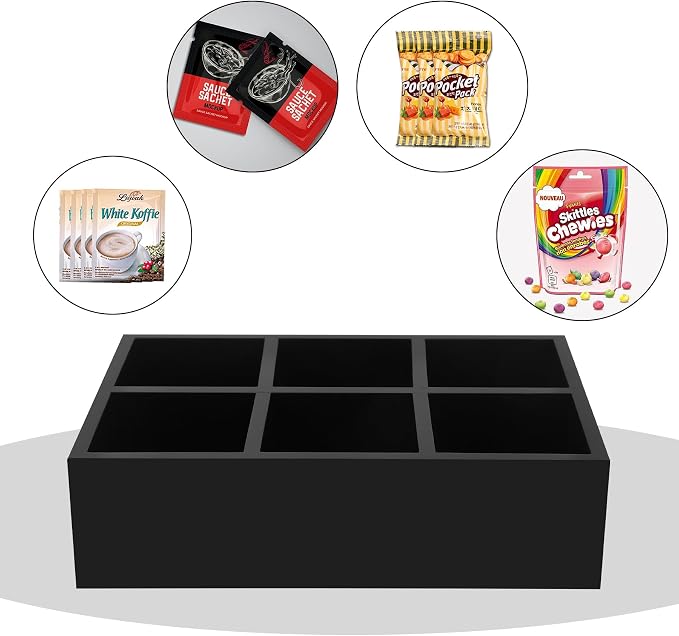 Tea Bag Box Black 6 Compartments Tea Organizer Storage Wood Drawer Station | Tea Bag Holder Large Sugar Packet Holder Coffee Bar Station Sweeteners Condiment Organizer Tea Bag Organizer Caddy
