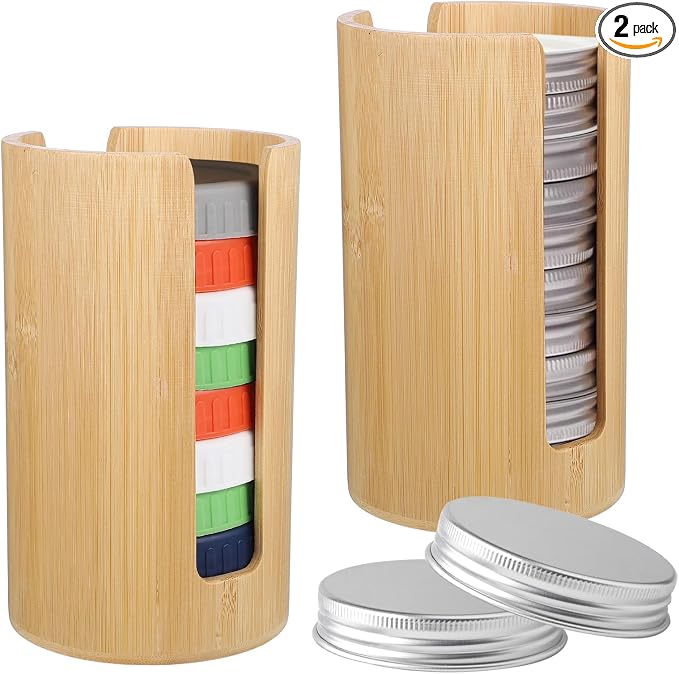 2Pcs Mason Jar Lid Organizer, Bamboo Vertical Storage Holder, Mason Jar Accessories, Bamboo Storage Holder for Home Kitchen Organization & Tumbler Lids (Wide Mouth)