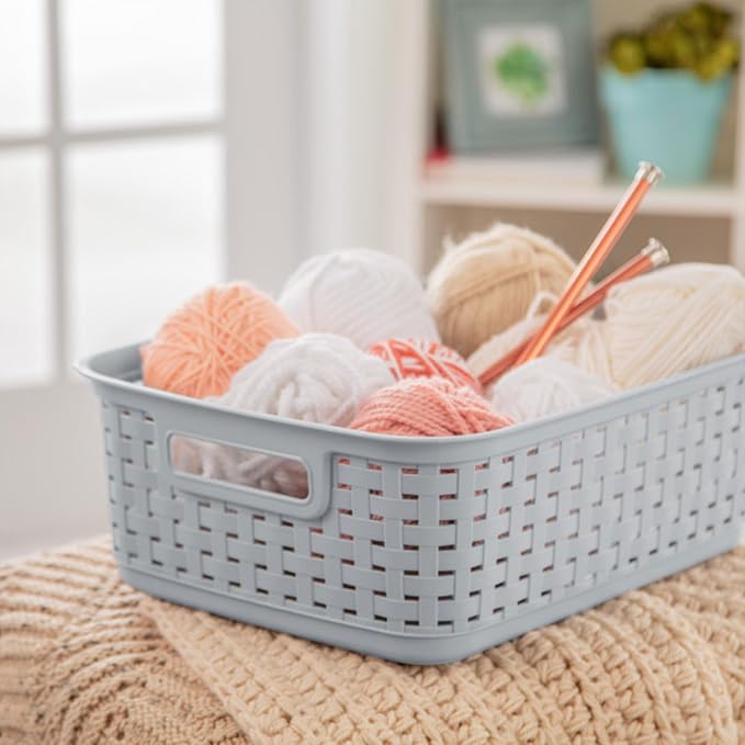 Sterilite Short Plastic Weave Storage Basket, Bin Organization for Countertops, Tabletops, and Shelves for Crafts, Jewelry, Gray, 6-Pack