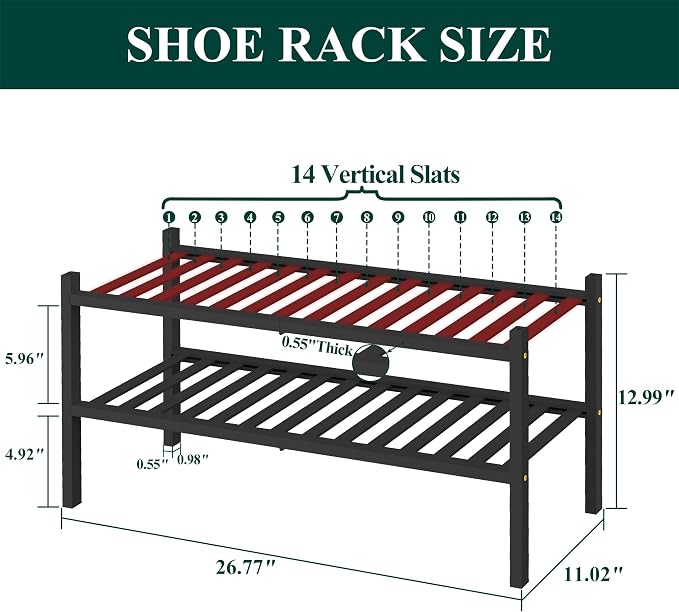 Smiry Bamboo Shoe Rack for Closet, 2 Tier Wooden Shoe Organizer, Stackable Wood Shoe Storage Shelf for Entryway, 14 Vertical Slats, One-piece Heavy-Duty Legs, 26.77"x11.02"x12.99", Black
