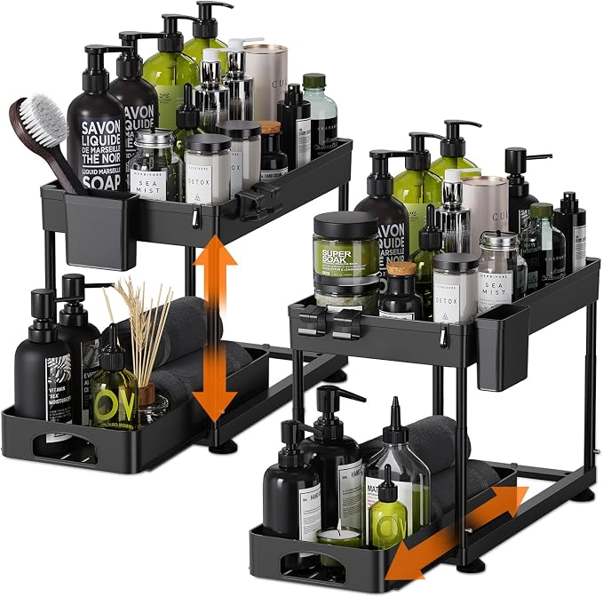 Under Sink Organizers and Storage, 2 Pack Height Adjustable Bathroom Cabinet Organizer, 2 Tier Sliding Under Sink Organizer, Sturdy Pull Out Bathroom Storage, with 12 Hooks & Hanging Cups, Black