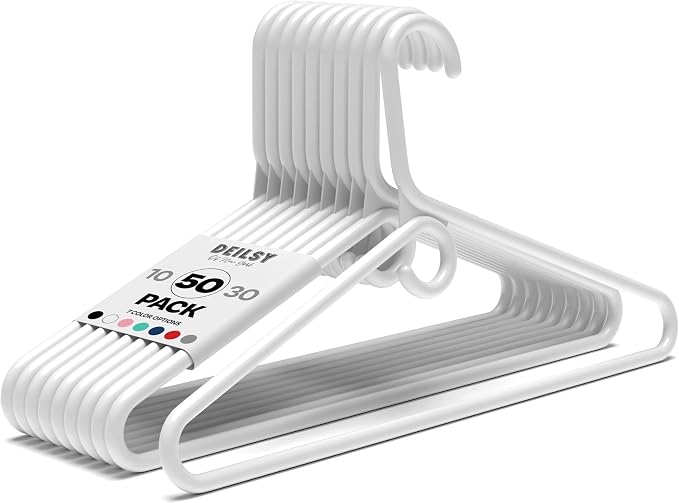DEILSY™ Heavy Duty Plastic Hangers 50 Pack - Extra Heavy Duty Hangers for Clothes, Thick White Plastic Hangers, Strong Clothes Hangers with Hook for Scarves & Belts